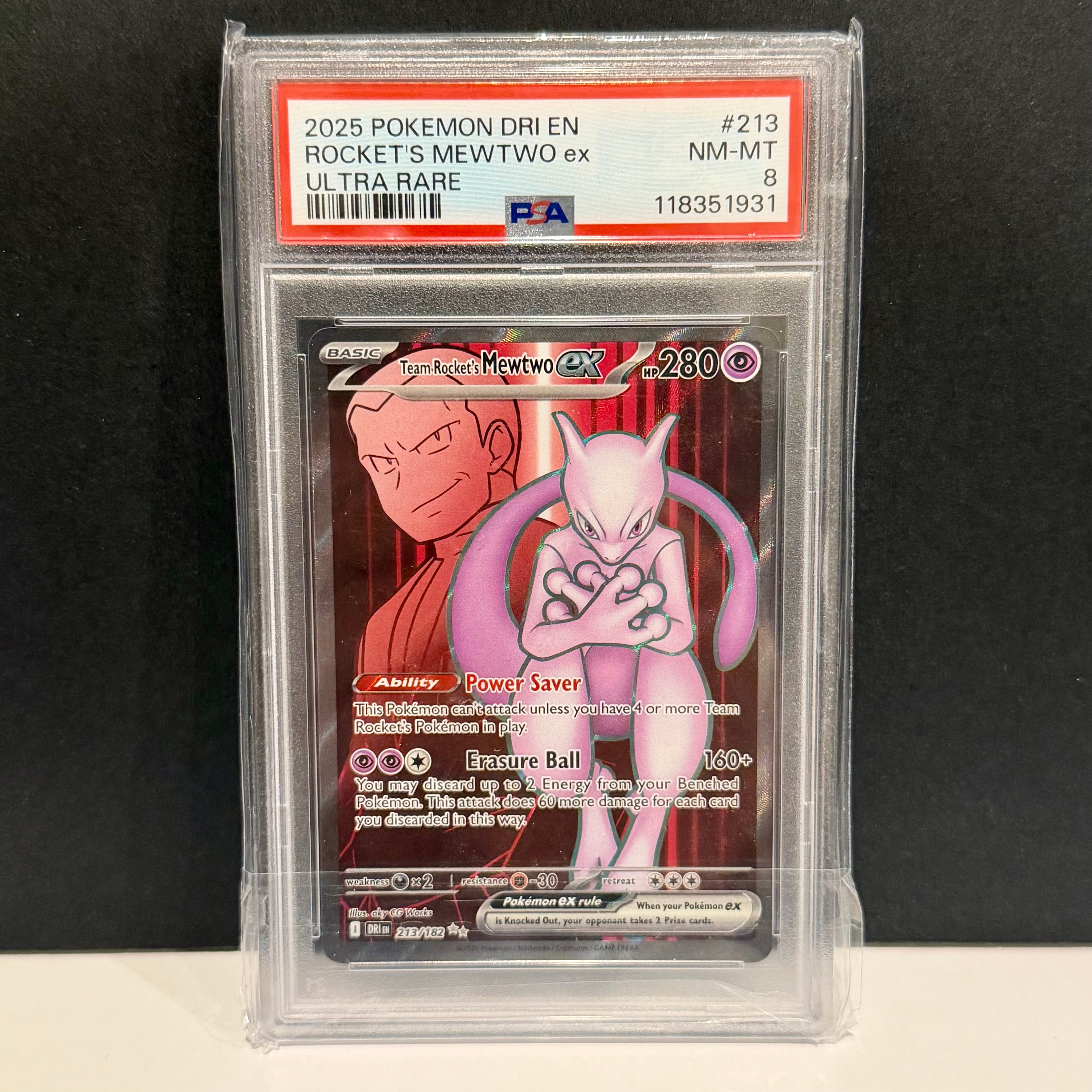 2025 Pokemon Destined Rivals 213/182 Team Rocket's Mewtwo EX Ultra Rare PSA 8