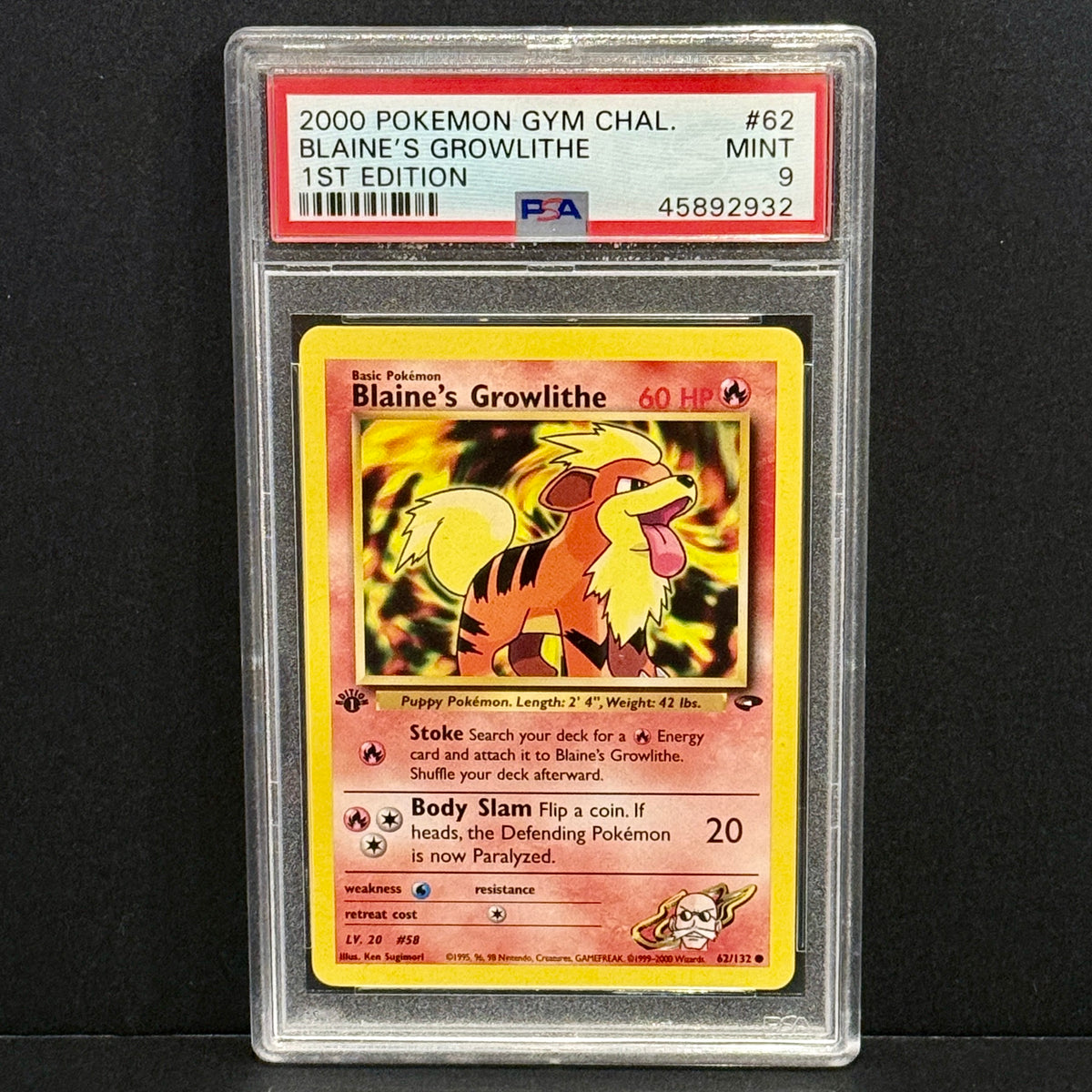 2000 Pokemon Gym Challenge 62/132 Blaine’s Growlithe Common 1st Edition PSA 9