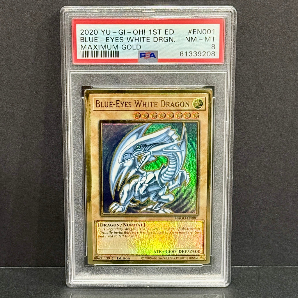 2020 YuGiOh Maximum Gold MAGO-EN001 Blue-Eyes White Dragon Premium Gold Rare PSA 8